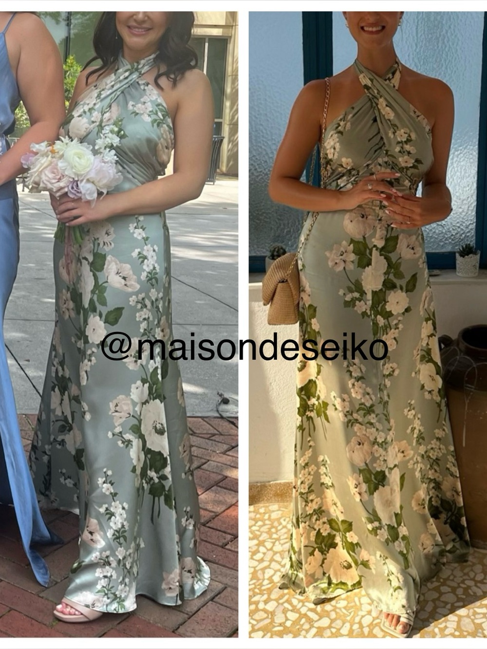 Reformation Maxi Dress Veria Green Floral 100% Silk Halter Bridesmaid size 10